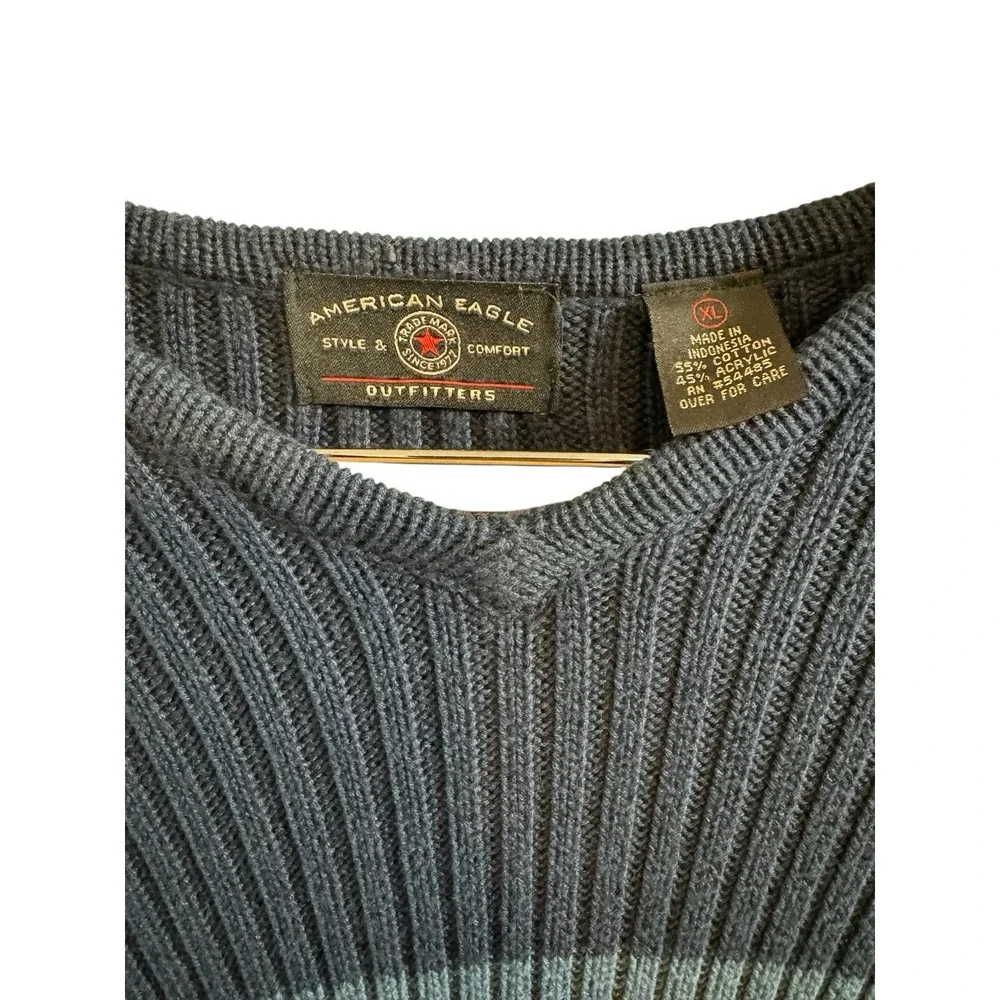 American Eagle‎ 🤑Y2K Fisherman  Sweater Chunky Ribbed Knit V-Neck Preppy Xl